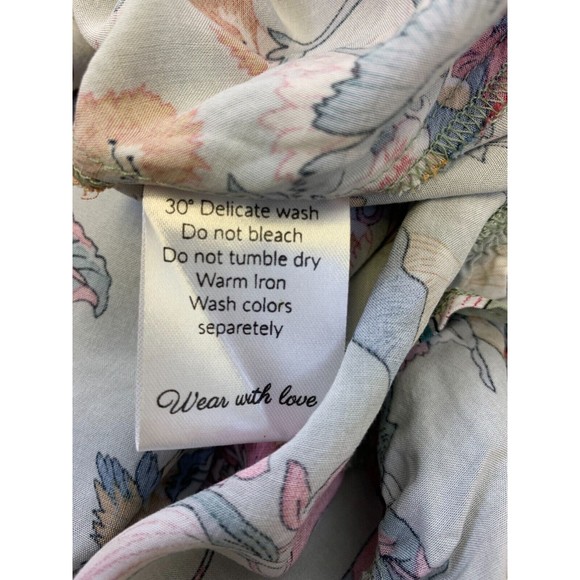 ELF Carmen Wrap Dress Gray Floral Ruffle V Neck Rayon Green Multi Tie Size L/XL - Picture 13 of 15